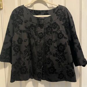 DKNY Black Velvet Floral Button Front Cropped Swing Jacket 3/4 Sleeve Sz L